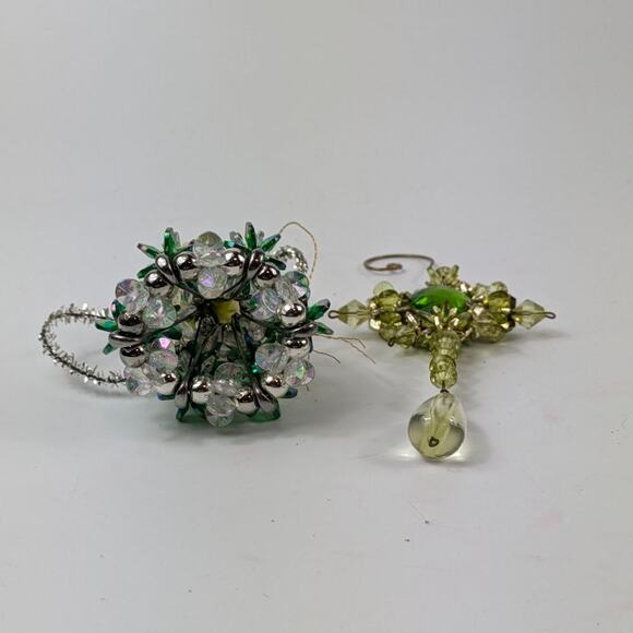 Vintage Beaded Christmas Ornament Cross Safety Pin Angel Green 90s Handmade OOAK - Picture 6 of 15